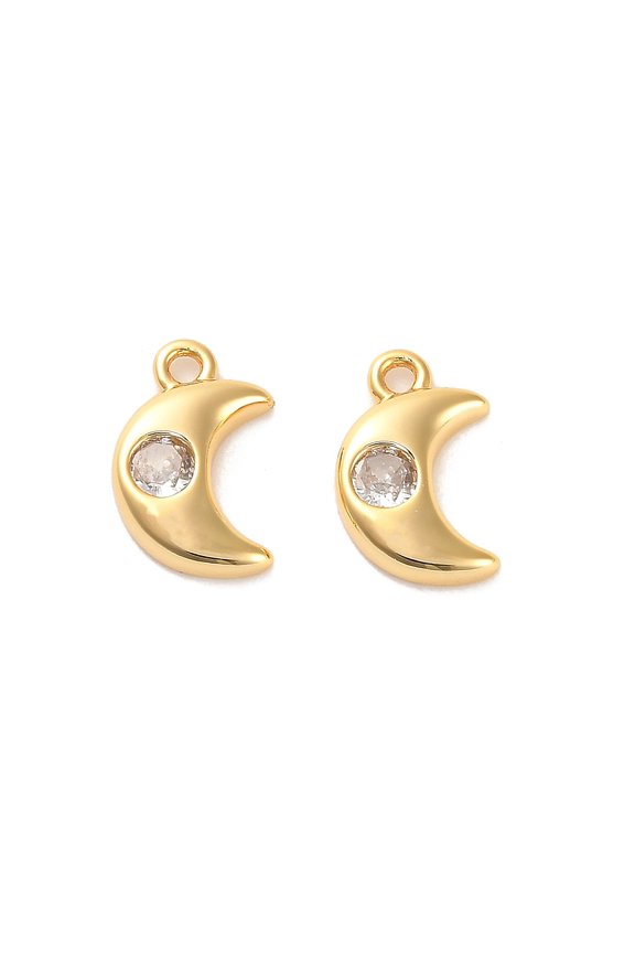 Brass Cubic Zirconia Charms Moon Real 18K golden Plated 12.5x8x2.5mm Hole: 1.4mm