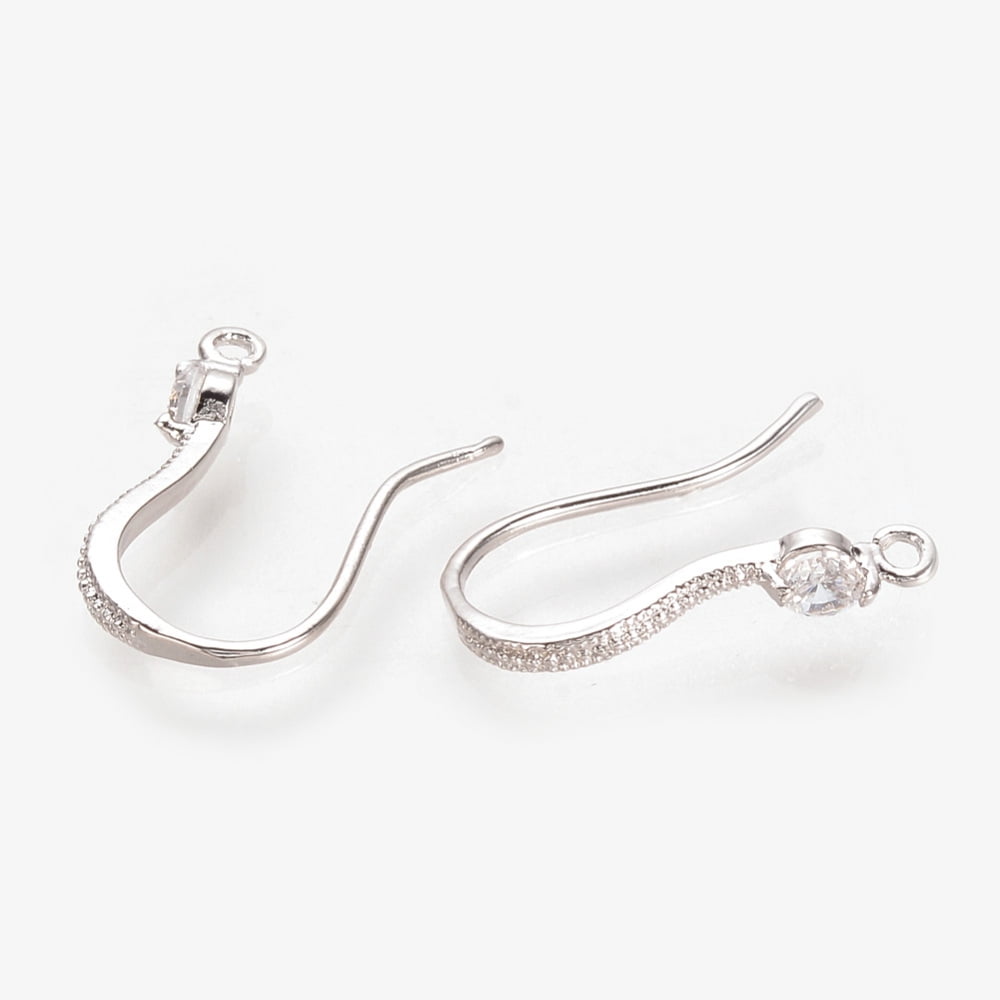 Brass Cubic Zirconia Earring Hooks Ear Wire with Horizontal Loop Nickel Free Real Platinum Plated 16x11x1.5mm Hole: 1mm 20 Gauge Pin: 0.8mm DIY