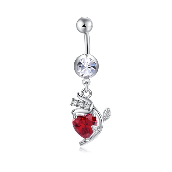 Brass Cubic Zirconia Navel Ring Belly Rings with 304 Stainless Steel Bar Cadmium Free & Lead Free Flower Red 43mm Bar: 15 Gauge(1.5mm) Bar Length: 3/8"(10mm)