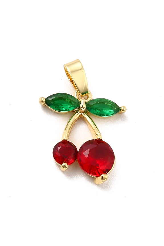 Brass Cubic Zirconia Pendants Cadmium Free & Nickel Free & Lead Free with Glass Rhinestone Cherry Charms Real 18K golden Plated 16x14x3.5mm Hole: 4.5x2.5mm