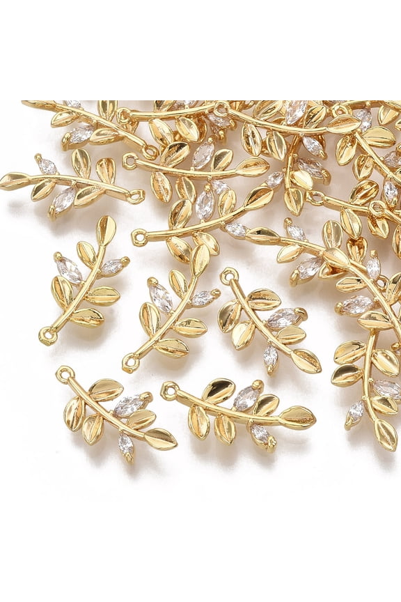 Brass Cubic Zirconia Pendants Nickel Free Leafy Branches Clear Real 18K Gold Plated 17.5x9x3mm Hole: 0.7mm 2pc