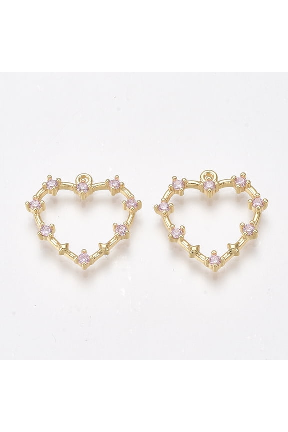 Brass Cubic Zirconia Pendants Nickel Free Real 18K Gold Plated Heart Pink 18~19x18~19x2.5mm Hole: 1mm