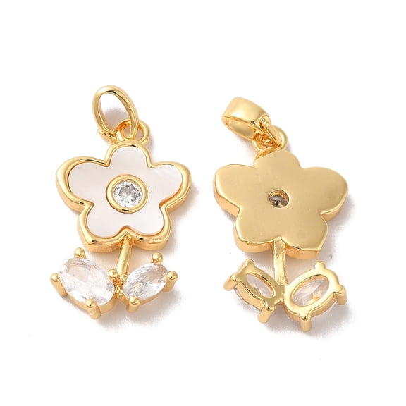 Brass Cubic Zirconia Pendants with Shell Flower Real 18K Gold Plated 21x13x4mm Hole: 2x4.5mm