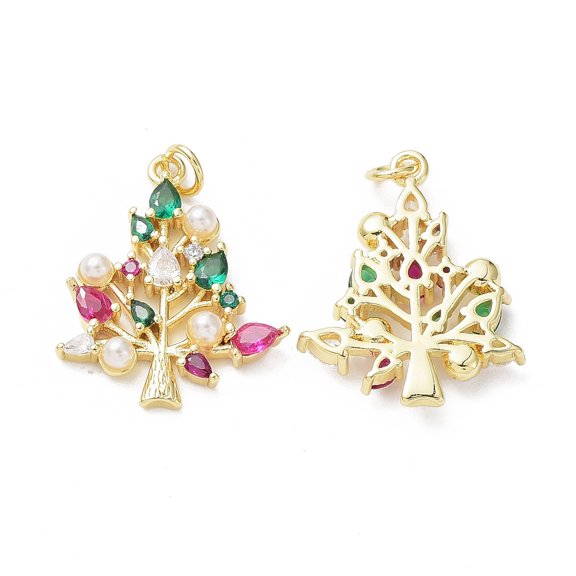 Brass & Cubic Zirconia & Plastic Imitation Pearl Pendants Cadmium Free & Lead Free Rack Plating Tree of Life Real 18K golden Plated 26x20.5x4mm Hole: 3mm