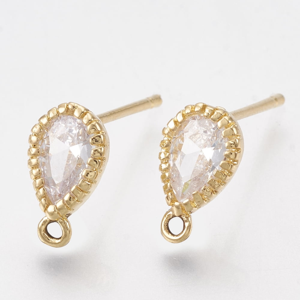 Brass Cubic Zirconia Stud Earring Findings with Loop Teardrop Clear Real 18K Gold Plated 9.5x5.5mm Hole: 1mm Pin: 0.8mm