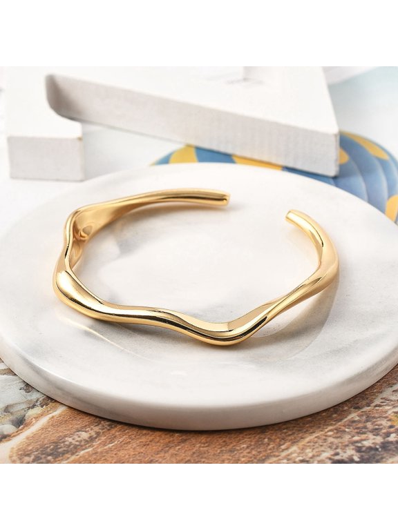 Brass Cuff Bangles Stackable Bangles for Women Long-Lasting Plated Real 18K golden Plated Inner Diameter: 1-7/8x2-1/8 inch(4.9x5.3cm)