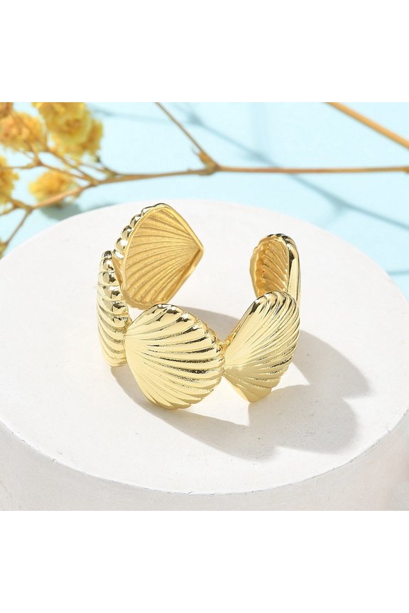 Brass Cuff Finger Rings for Women Shell Shape Real 18K golden Plated 13.5mm Inner Diameter: 18mm