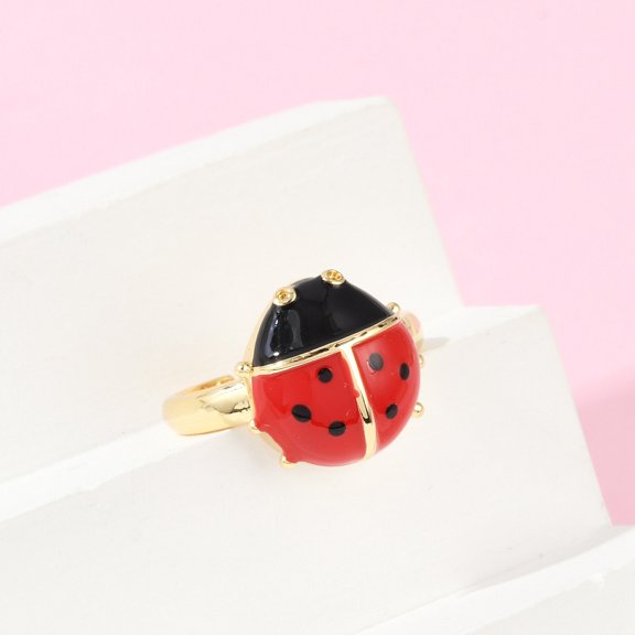 Brass Cuff Rings for Women Ladybird with Enamel Real 18K golden Plated Inner Diameter: adjustable