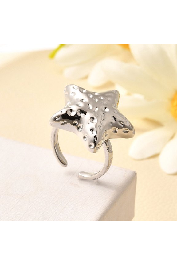 Brass Cuff Rings for Women Rack Plating Long-Lasting Plated Lead Free and Cadmium Free Platinum Star 23.5x24mmSize 6(16.5mm)