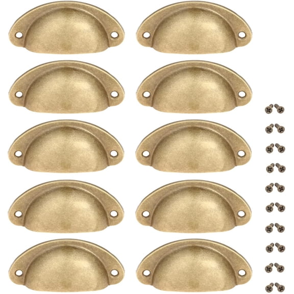 Brass Cup Pulls, 10PCS Copper Cabinet Handles Vintage Farmhouse Style Knobs for Dresser Cupboard with Screws