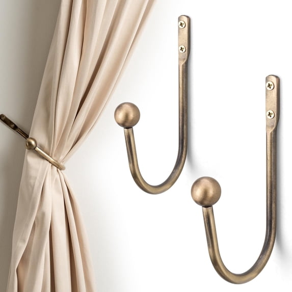 Brass Curtain Holdbacks for Window Drapery and Wall Mounted Decor Hooks with Antique Finish and Heavy Duty Build for Elegant Draping