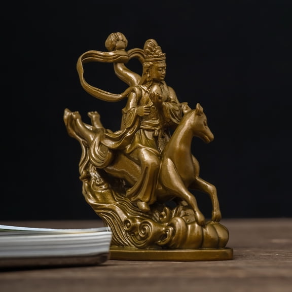 Brass Dakiniten Bodhisattva Figure Riding White Fox,Vintage Feng Shui Home Decor, Collectible Ornament Gift,Perfect For Tea Space,Office,Study