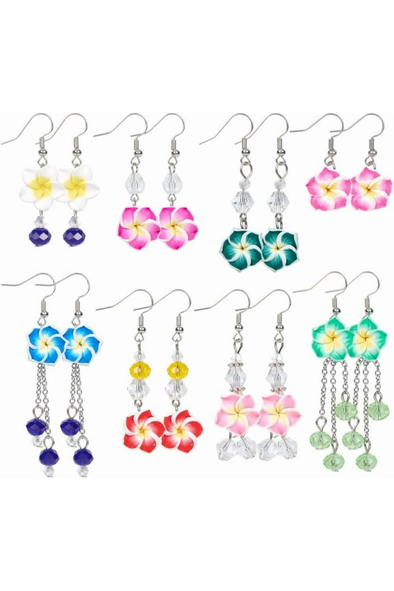 Brass Dangle Earring with Polymer Clay & Glass Flower Mixed Color 32~75mm 8pair/set