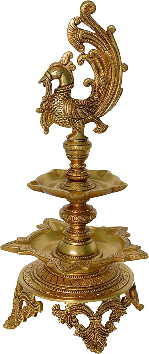 Brass Decorative Showpiece Oil Lamp with Peacock