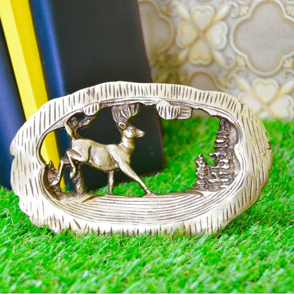 Brass Deer with Trees in Frame Showpiece For Table Top Or Home Dcor