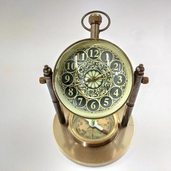 Brass Desk Clock With Compass I Nautical Brass Collectible Grandmother, Grandfather, Birthday, Valentine Gift