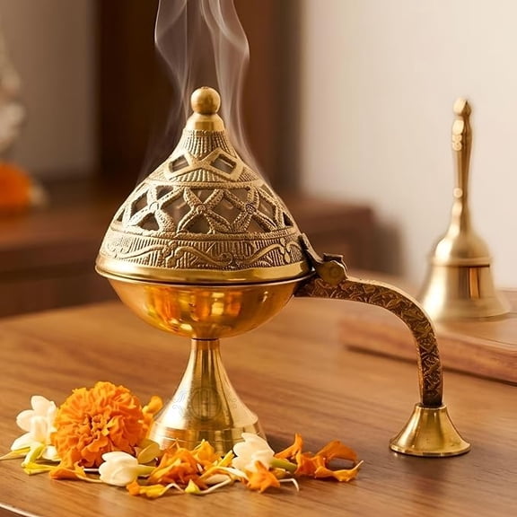 Brass Dhuna Burner for Loban Traditional Dhoop Dani Sambrani Incense Dhuni Holder for Pooja, Spiritual Rituals & Home Purification