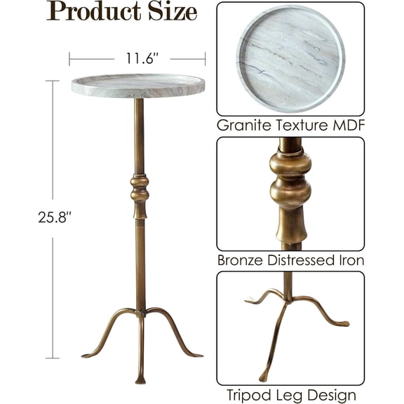 Brass Distressed Iron Round Pedestal End Table, 25 Inch Vintage Martini Cocktail Accent Table with Tray Top for Living Room, Bedroom (White Marble)