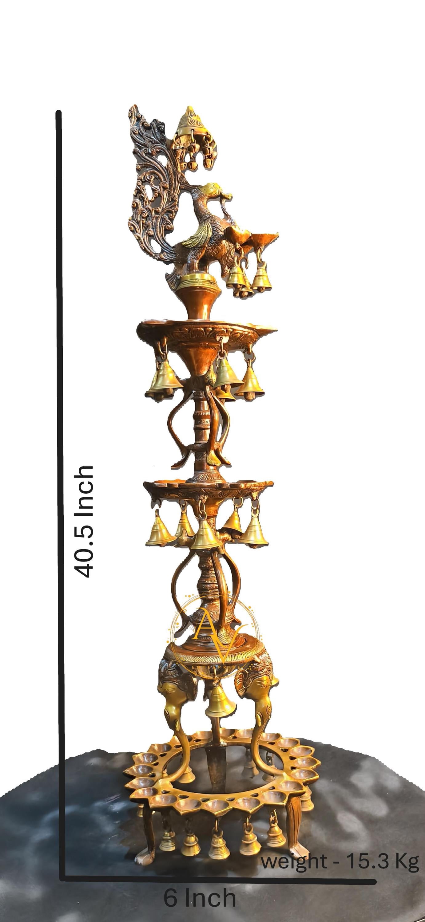 Brass Diya, 40.5 inches Brass Oil Lamp with Peacock & Elephent in Antique Finish, beautiful Brass Diya with hanging bells, home decor gift..