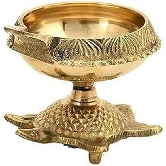 Brass Diya Pooja Collectible Oil Lamp Engraved Design Turtle Base Gift for Home Temple, Gold