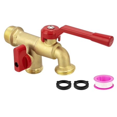 Brass Double Outdoor Water Faucet, 3/4 Inch Wall Mount – Rust & Frost-Proof Spigot with 3/4" NPT Male Inlet & Two 3/4" GHT Male Outlets for Garden Hoses, Home, and Balcony.