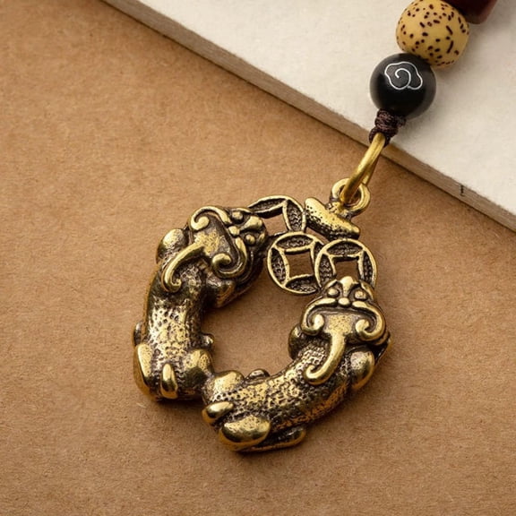 Brass Double Pi Xiu Keychain Money Symbol Pendant Vintage Handwoven Car Lanyard Feng Shui Amulet Accessory