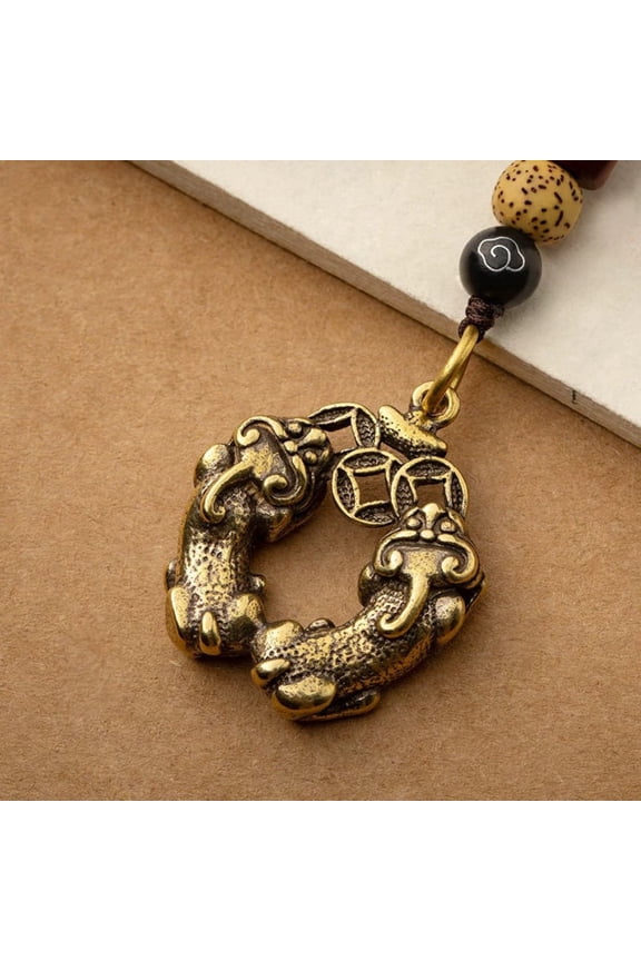 Brass Double Pi Xiu Keychain Money Symbol Pendant Vintage Handwoven Car Lanyard Feng Shui Amulet Accessory
