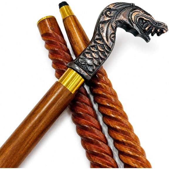 Brass Dragon Head Majestic Handle Rope-Style Wooden Walking Stick with Unique Finish Walking Cane for Christmas Halloween New Year Gift