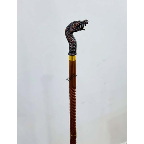 Brass Dragon Head Majestic Handle Rope-Style Wooden Walking Stick with Unique Finish Walking Cane for Christmas Halloween New Year Gift