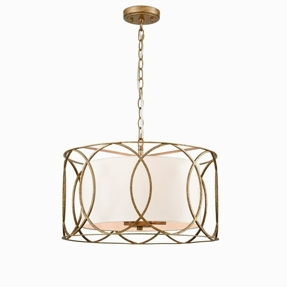 Brass Drum Pendant Light 3-Light Dining Table Fixture with White Linen Diffuser