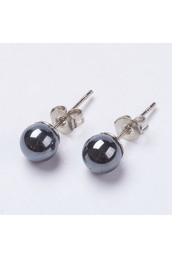 Brass Ear Studs Ball Stud Earrings with Non-magnetic Hematite Beads Platinum 6x6.5mm Pin: 0.7mm