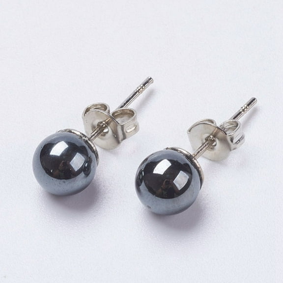 Brass Ear Studs Ball Stud Earrings with Non-magnetic Synthetic Hematite Beads Platinum 6x6.5mm Pin: 0.7mm