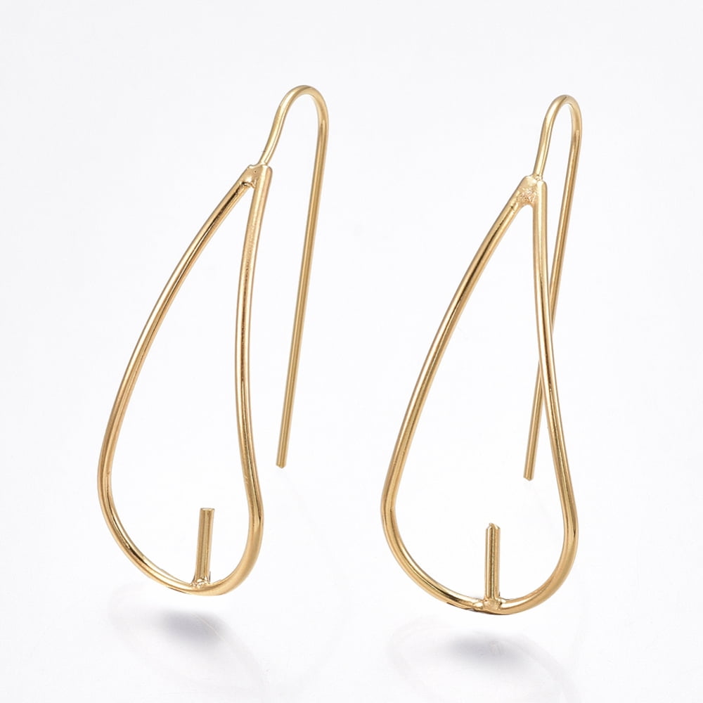 Brass Earring Hook Earring Findings For Half Drilled Beads Nickel Free Real 18K Gold Plated 35.5x14mm 20 Gauge Pin: 0.8mm