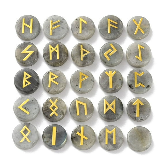 Brass Elder Futhark Alphabet Engraved Symbol Flat Round Natural Labradorite Rune Stones for Chakras Balancing Crystal Therapy Meditation Divination 16.5~17.5x6~7mm 25pcs/set