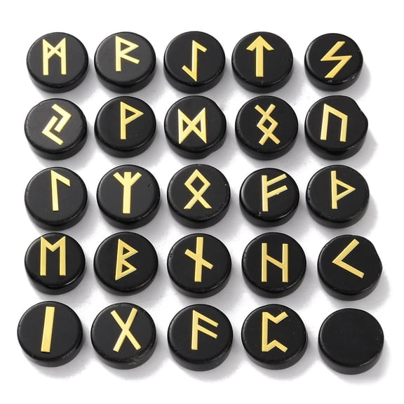 Brass Elder Futhark Alphabet Engraved Symbol Flat Round Natural Obsidian Rune Stones for Chakras Balancing Crystal Therapy Meditation Divination 16.5~17.5x6~7mm 25pcs/set