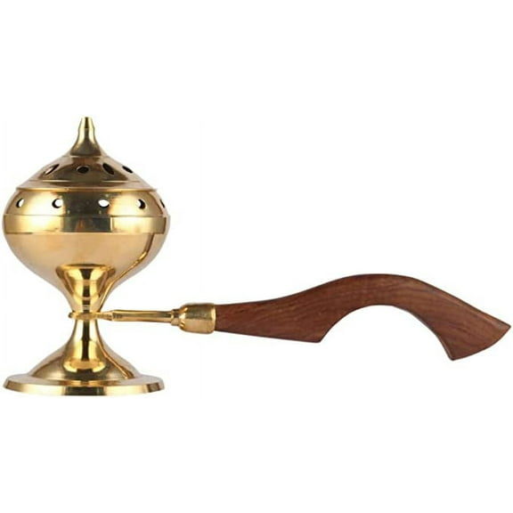 Brass Elegant Sambrani Stand/Loban Dhoop Burner with Large Wooden Handle, (Approx. 21 x 6 x 11 Cm), Pooja Aarti Spoon/Oil Lamp/Diya/Deep/Deepak With Handle