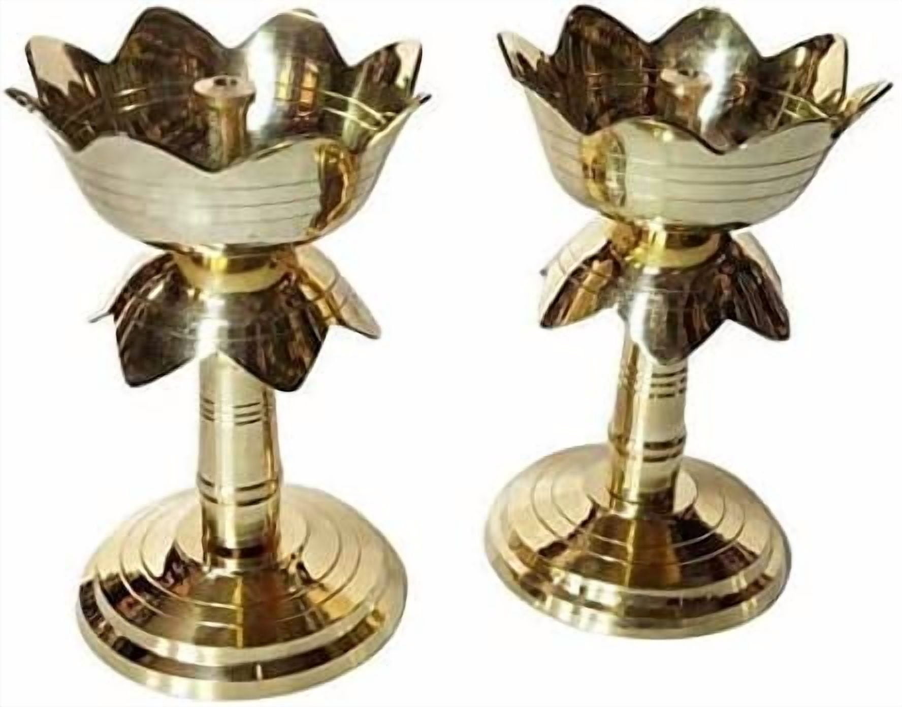Brass Elegent Lotus Design Oil Lamp/Diya/Deep/Deepak With Stand (Approx. 12 cm Tall, Set of 2) Akhand Diya