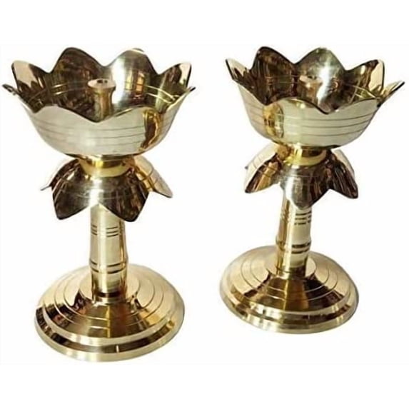 Brass Elegent Lotus Design Oil Lamp/Diya/Deep/Deepak With Stand (Approx. 12 cm Tall, Set of 2) Akhand Diya