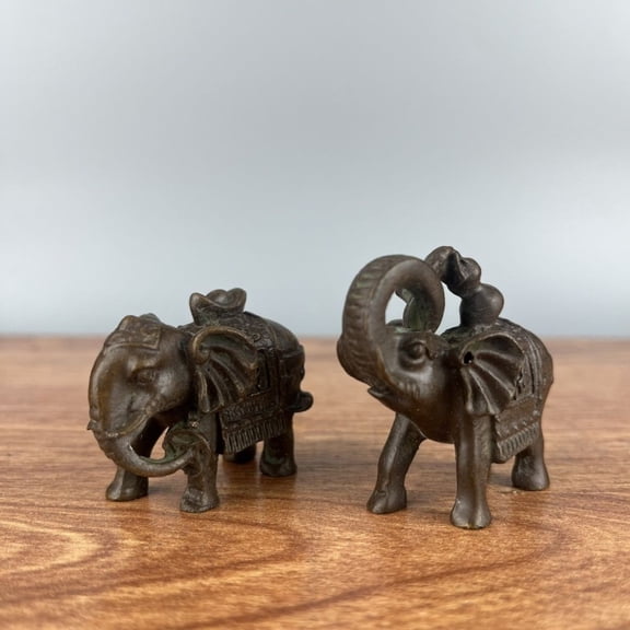Brass Elephant Pair Figurines Feng Shui Decor Tabletop Ornament