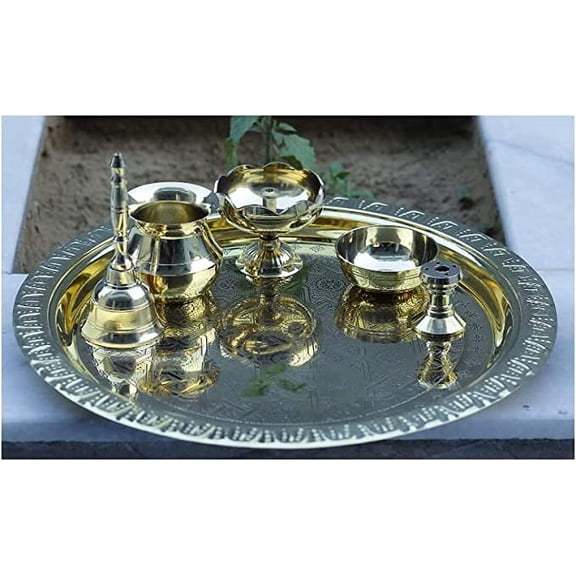 Brass Embossed Design Pooja Thali Set (Approx. Dia. 10.5 Inch) with Brass Oil Lamp, Incense Holder, Katori, Kalash, Handbell