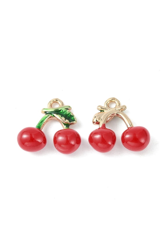 Brass Enamel Charms Imitation Fruit Light Gold Cherry Charm Red 12x11.5x5mm Hole: 1.2mm for DIY