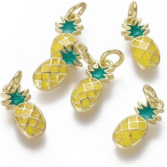 Brass Enamel Charms Pineapple Golden Yellow 13x6x2mm Hole: 3mm