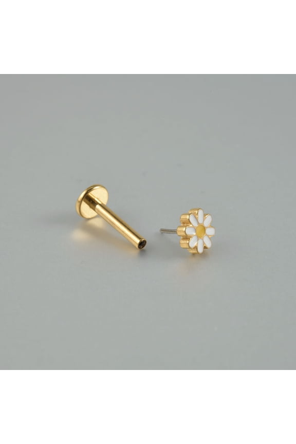 Brass Enamel Daisy Flower Threadless Labret Stud Tragus Stud Flat Back Earring 316L Stainless Steel Piercing Pins Golden 8mm Pin: 1.2mm