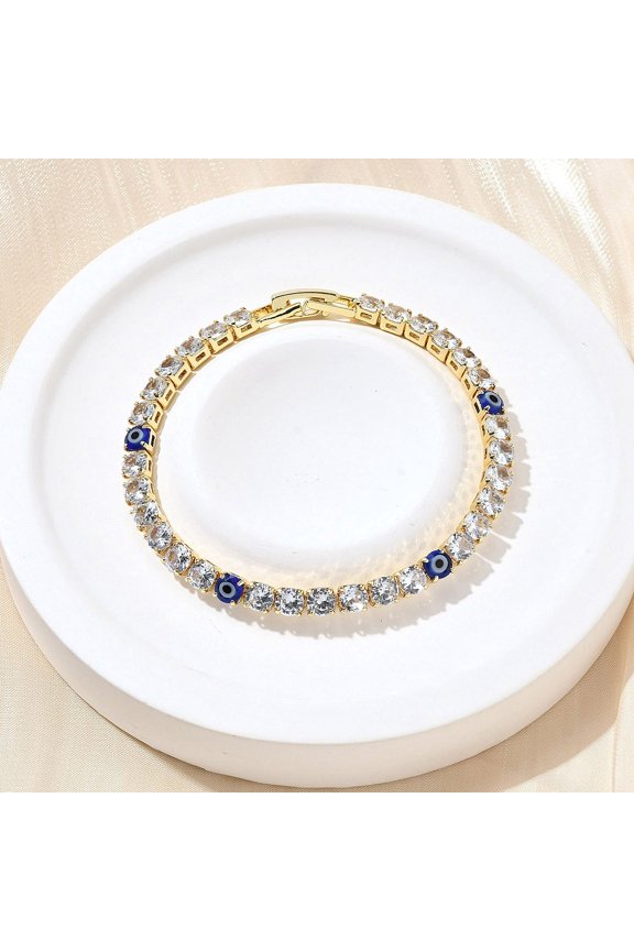 Brass Enamel Link Charm Bracelets with Clear Cubic Zirconia Cadmium Free Lead Free Rack Plating Blue 6-1/4 inch(16cm)