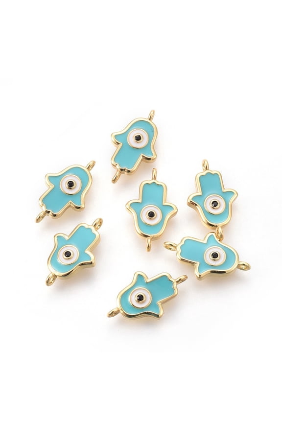 Brass Enamel Links Long-Lasting Plated Hamsa Hand/Hand of Fatima /Hand of Miriam with Evil Eye Turquoise Real 18K golden Plated 16.5x10x2mm Hole: 1mm