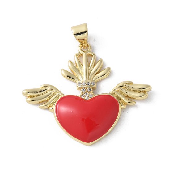 Brass Enamel Pendants Cadmium Free & Lead Free Real 16K golden Plated Heart with Wing Charms Red 26.5x31.5x4.5mm Hole: 3x5mm