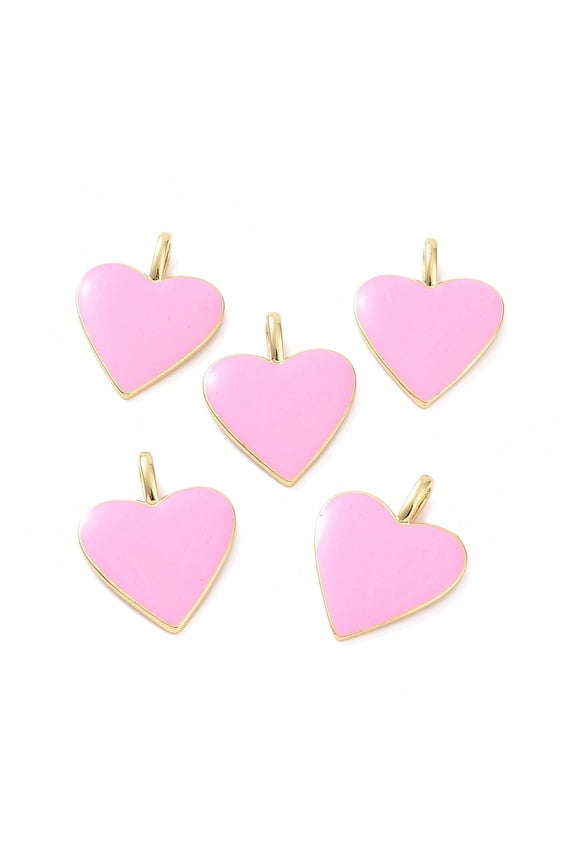 Brass Enamel Pendants Long-Lasting Plated Real 18K Gold Plated Heart Pink 24x19x1.5mm Hole: 6x3mm