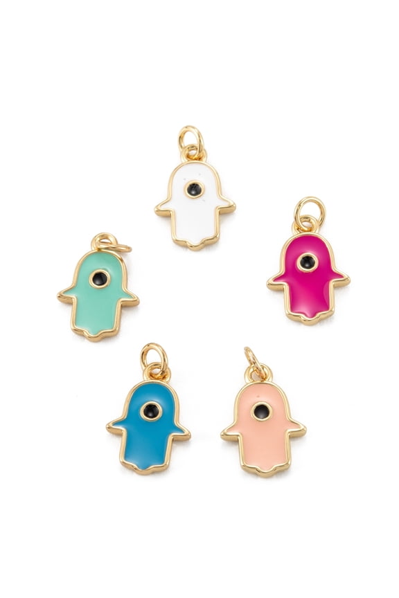 Brass Enamel Pendants Long-Lasting Plated Real 18K golden Plated Hamsa Hand Mixed color 13x9x1.5mm Hole: 2.8mm