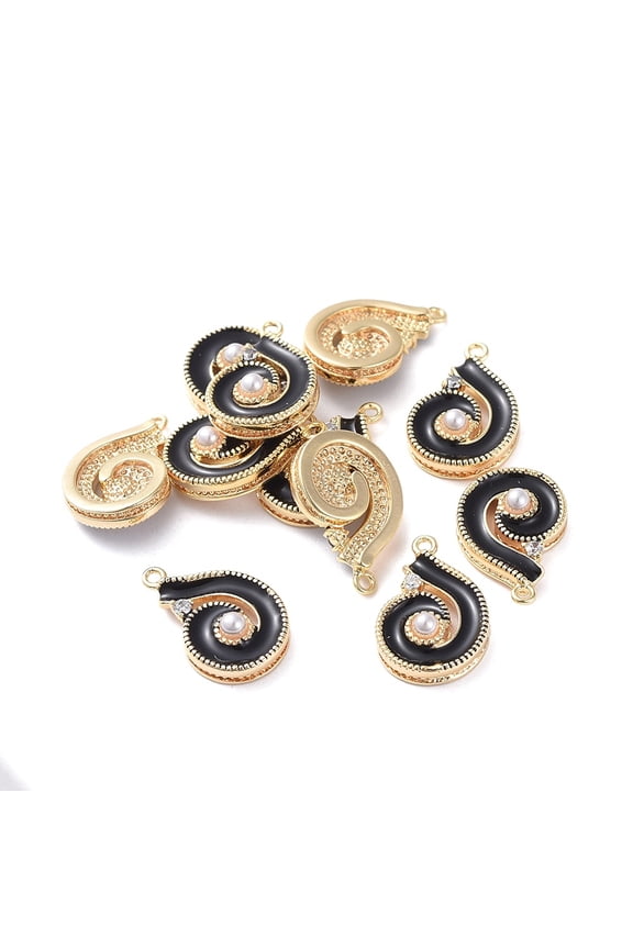 Brass Enamel Pendants with Acrylic Pearl and Rhinestone Conch Shape Real 18K Gold Plated Black 16.5x11x4.4mm Hole: 1mm