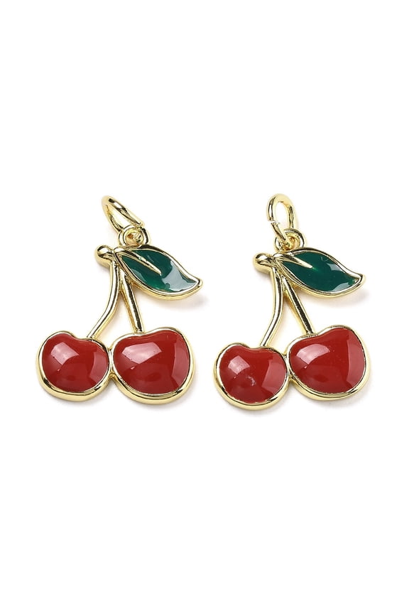 Brass Enamel Pendants with Jump Ring Cadmium Free Nickel Free Lead Free Cherry Charms Real 18K Gold Plated 16.5x14x2.5mm Hole: 3mm